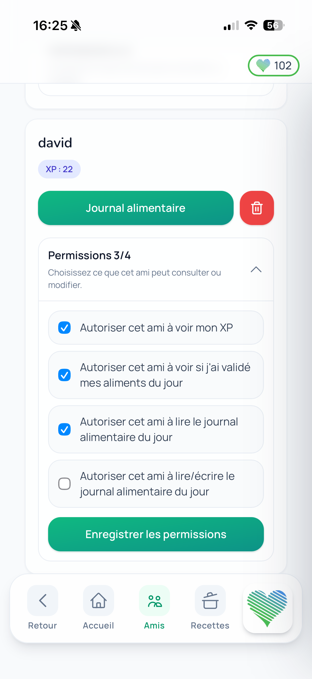 Gestion des permissions de consultation et de modification du journal entre amis